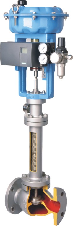 Globe control valve with a pneumatic diaphragm actuator, positioner and exposed bellows section