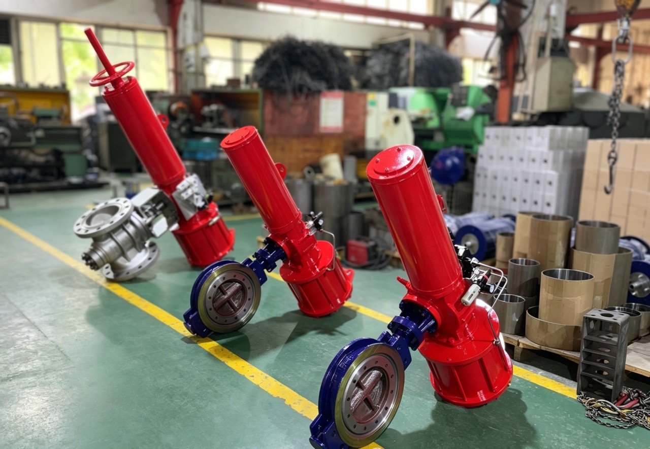 Pneumatically actuated triple eccentric butterfly valve with double-acting cylinder, positioner and solenoid valve on a metal-seated body