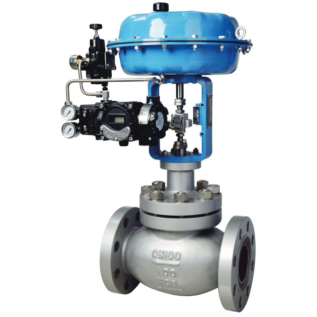 Pneumatic globe type control valve with diaphragm actuator, positioner and stem-mounted plug entering the valve body