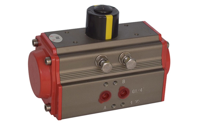 Pneumatic rack-and-pinion actuator with red end caps, yellow position indicator on top and G1/4 air ports labelled A and B on the body