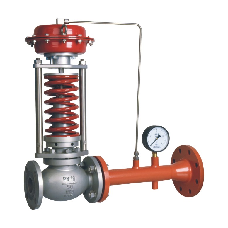 Pilot operated back pressure regulator with a red diaphragm actuator and exposed spring housing above a cast steel valve body marked PN16 50 WCB, piped to a return line with a pressure gauge and an external sensing tube running from the actuator dome
