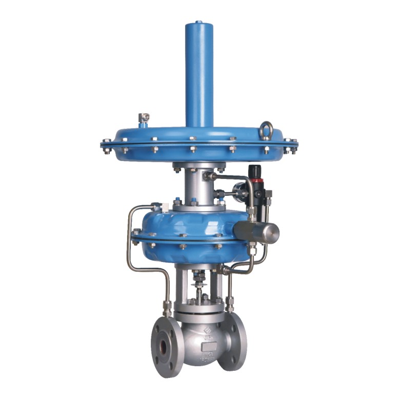 Pilot operated pressure regulator with a blue diaphragm dome and vertical sensing tube on top, a smaller pilot control assembly with adjustment knob and pilot tubing mounted on the side, and a flanged cast steel globe valve body below