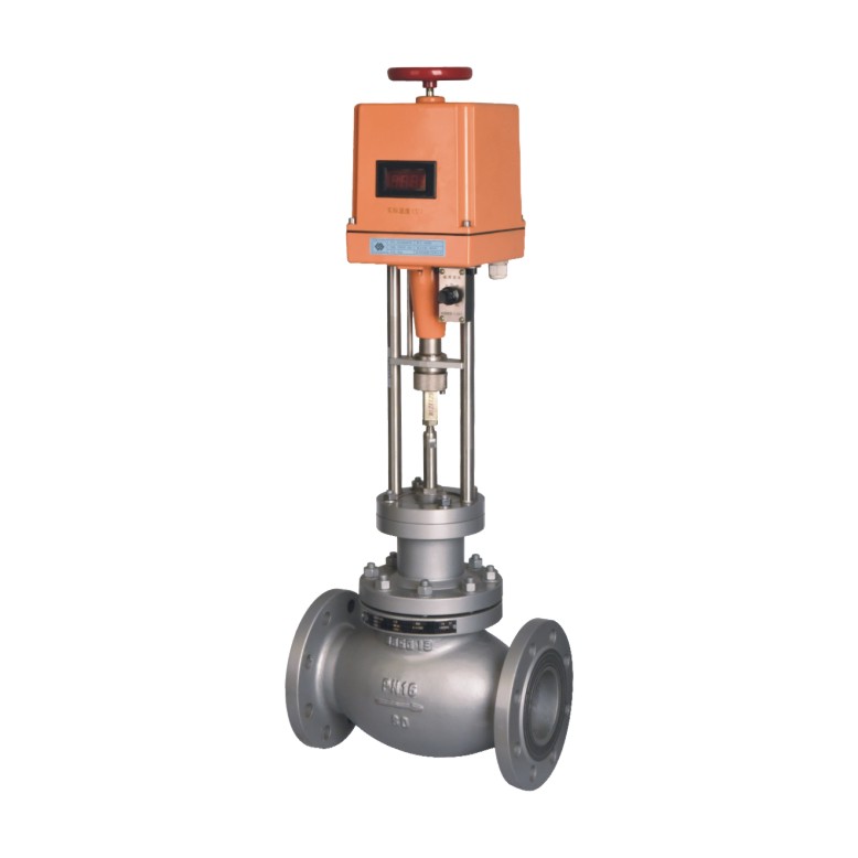Self operated temperature control valve with an orange housing and red handwheel on top, mounted on a vertical yoke above a flanged stainless steel globe valve body